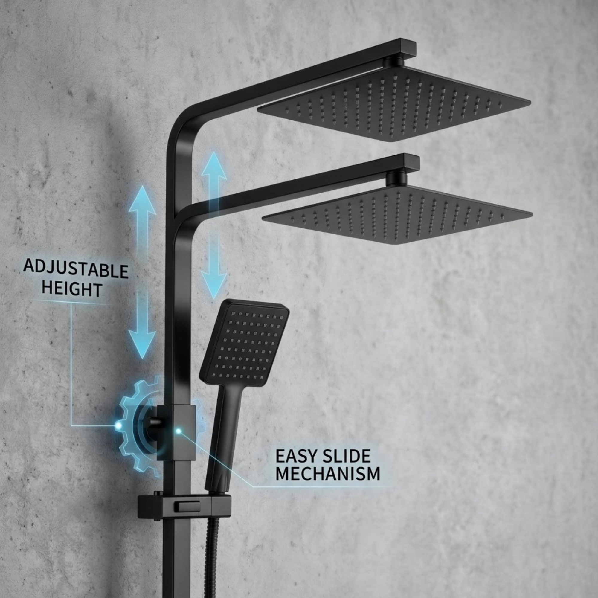 Arko Modern Square Thermostatic Shower  with Filler – Matte Black