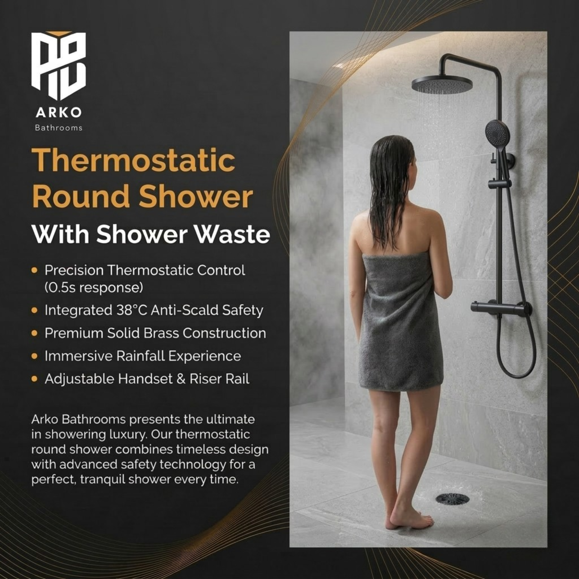 ARKO Bathroom Round Thermostatic Mixer Shower with Riser Rail, Shower Waste & Twin head - Chrome