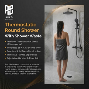 ARKO Bathroom Round Thermostatic Mixer Shower with Riser Rail, Shower Waste & Twin head - Chrome