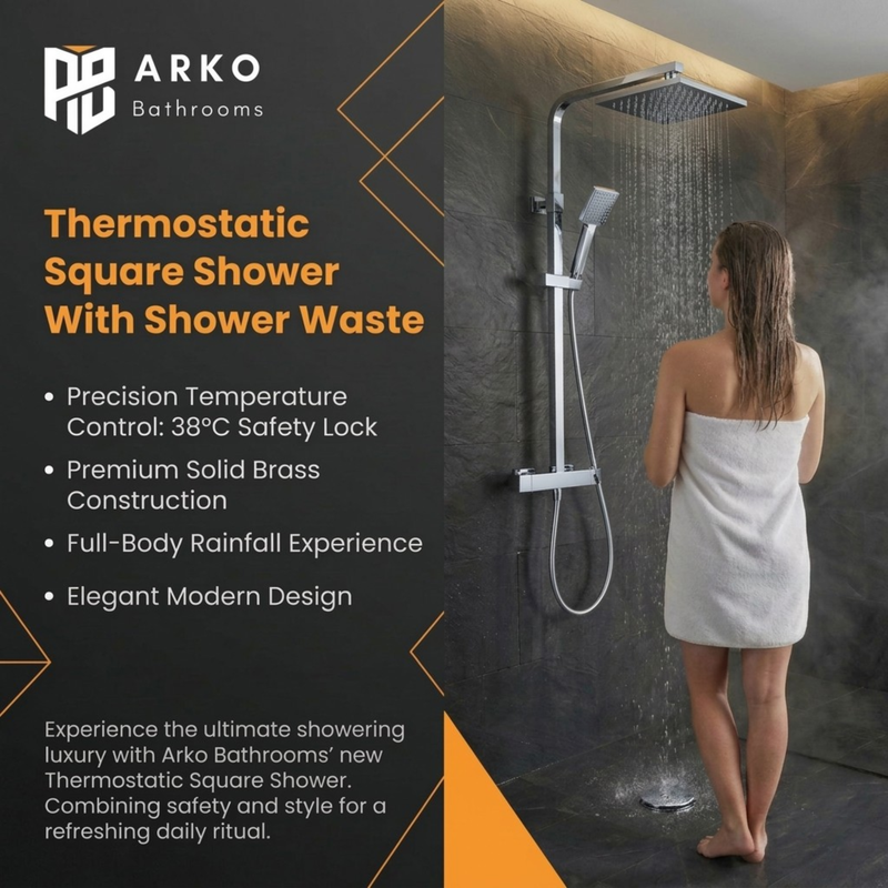 ARKO Round Concealed Thermostatic Shower Mixer 2 Dial Twin Head with Valve, Handset & Shower Waste – Chrome