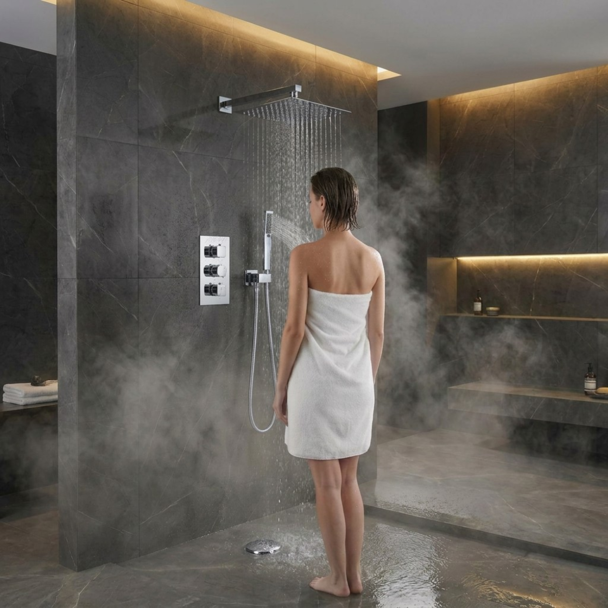 ARKO Square Concealed Thermostatic Shower Mixer 3 Dial Twin Head with Valve, Handset & Shower Waste – Chrome