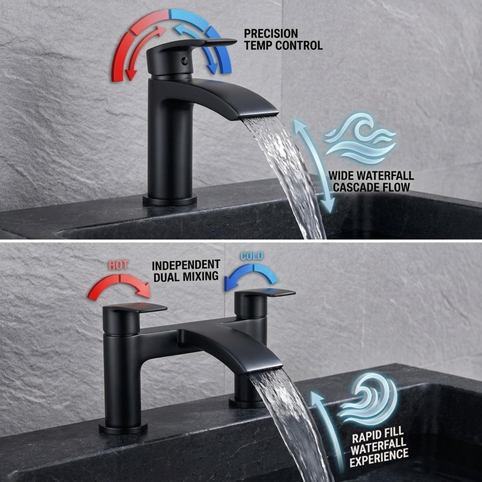 ARKO Capri Basin Mixer Tap, Bath Filler & Thermostatic Mixer Shower Set with Bath Waste – Black