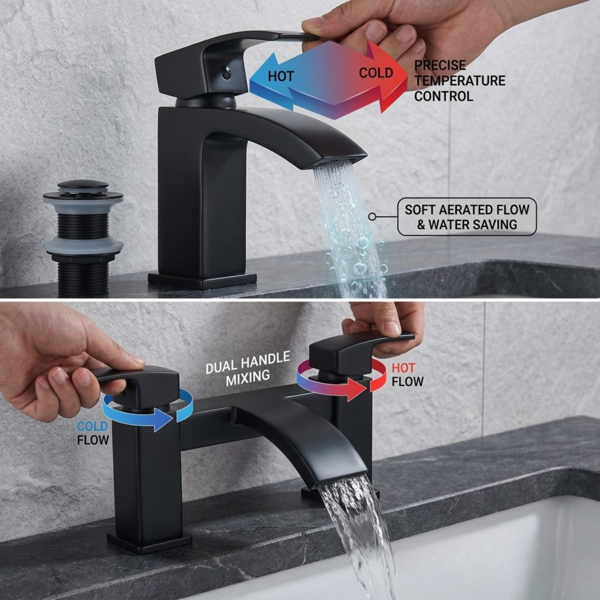 ARKO Vista Basin Mixer Tap, Bath Filler & Thermostatic Mixer Shower Set with Bath Waste – Black