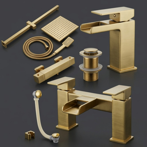 ARKO Waterfall Basin Mixer Tap, Bath Filler & Thermostatic Mixer Shower Set with Bath Waste – Brass