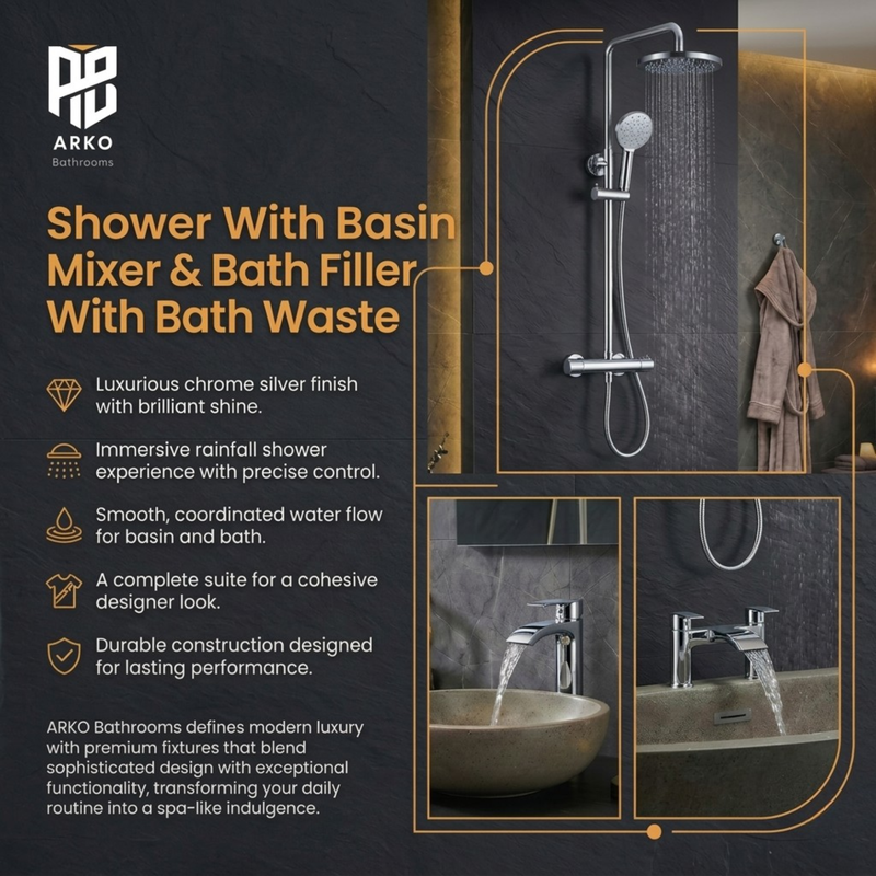ARKO Capri Basin Mixer Tap, Bath Filler & Thermostatic Mixer Shower Set with Bath Waste – Chrome