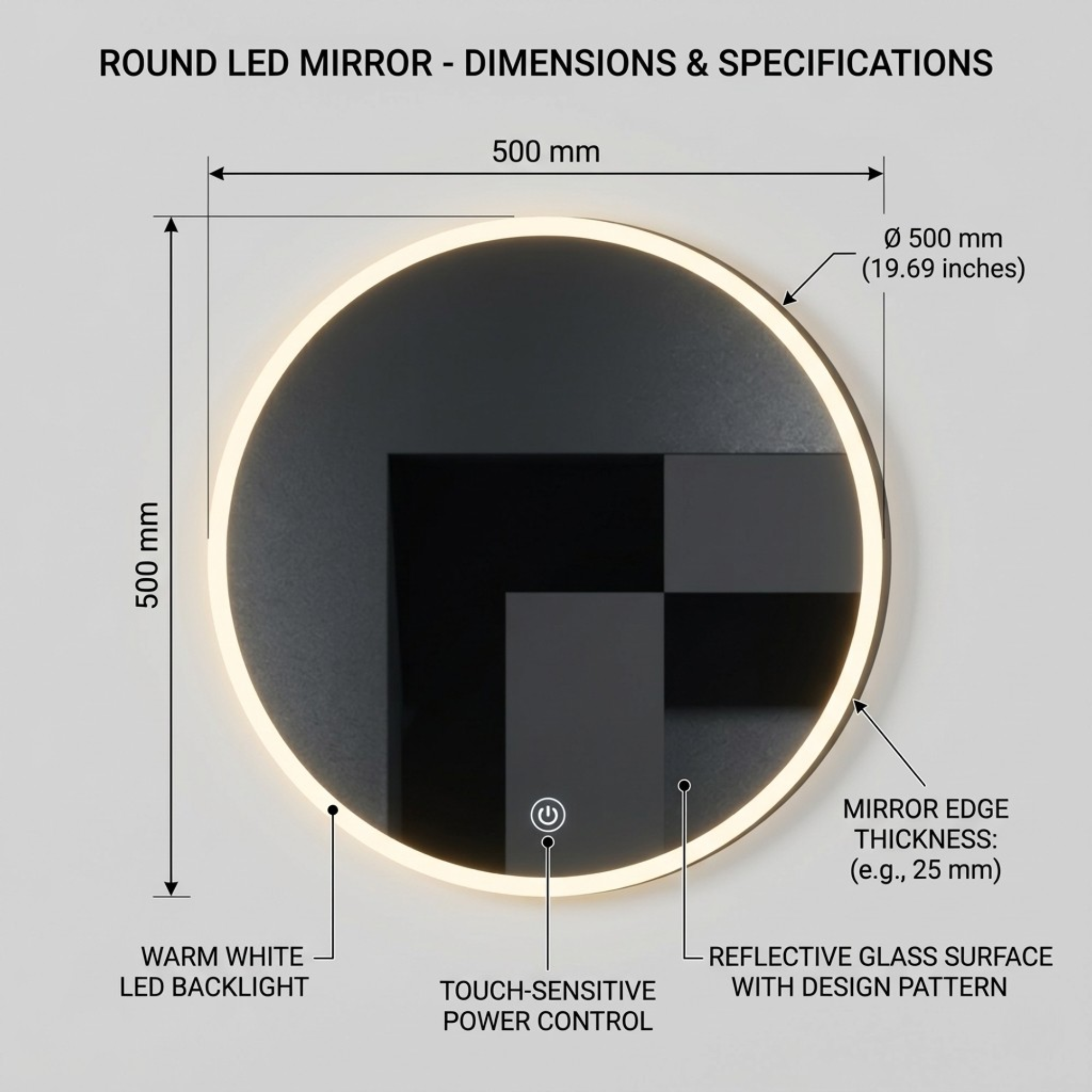 Arko Bathroom Mirror with LED Lights 600x600mm - Wall Mounted Vanity Large Round Mirror - Illuminated LED mirror