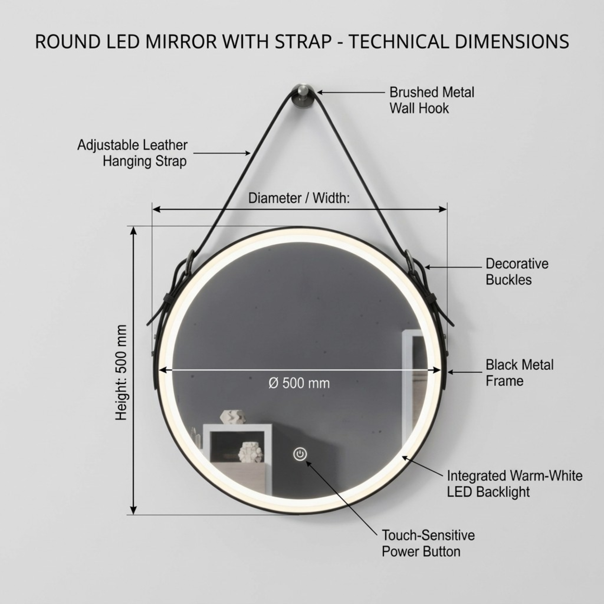 Arko 600x600mm Round LED Bathroom Mirror – Wall Mounted Illuminated Vanity Mirror
