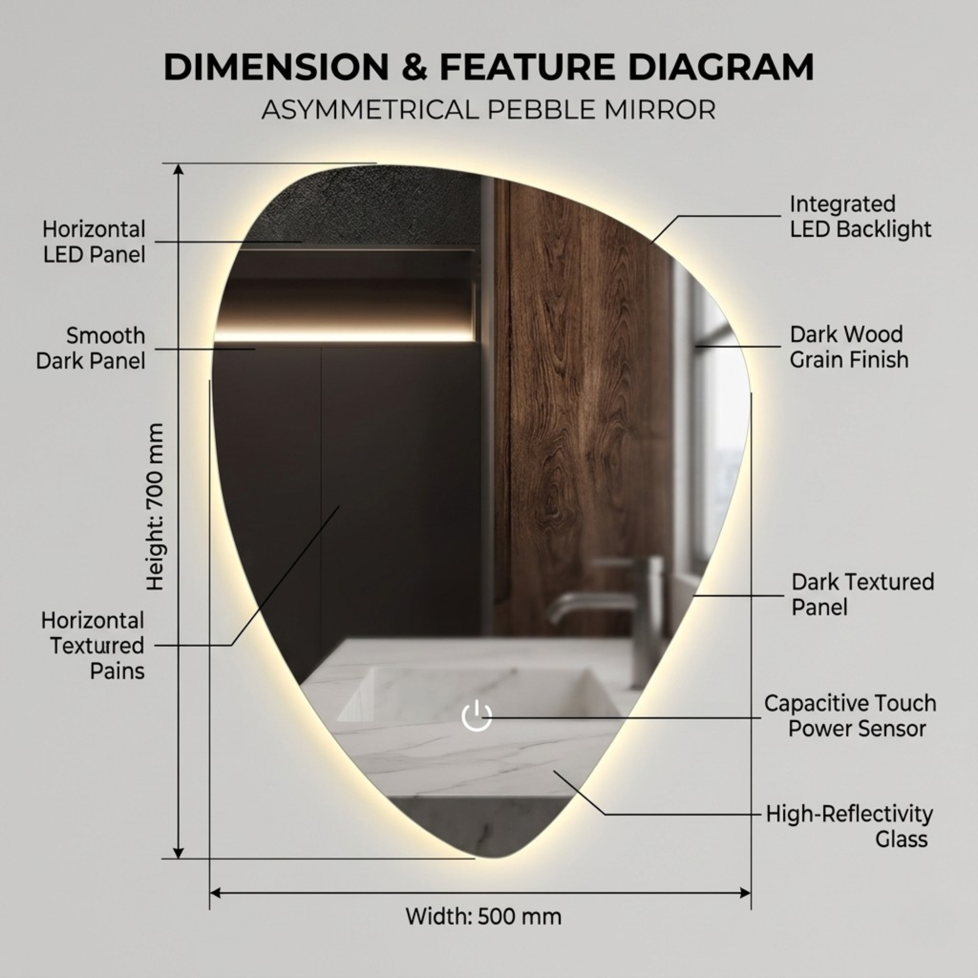 Arko Bathroom Teardrop LED Mirror with Lights 500x700mm - Wall Mounted Vanity Mirror -Bathroom mirror Illuminated LED mirror