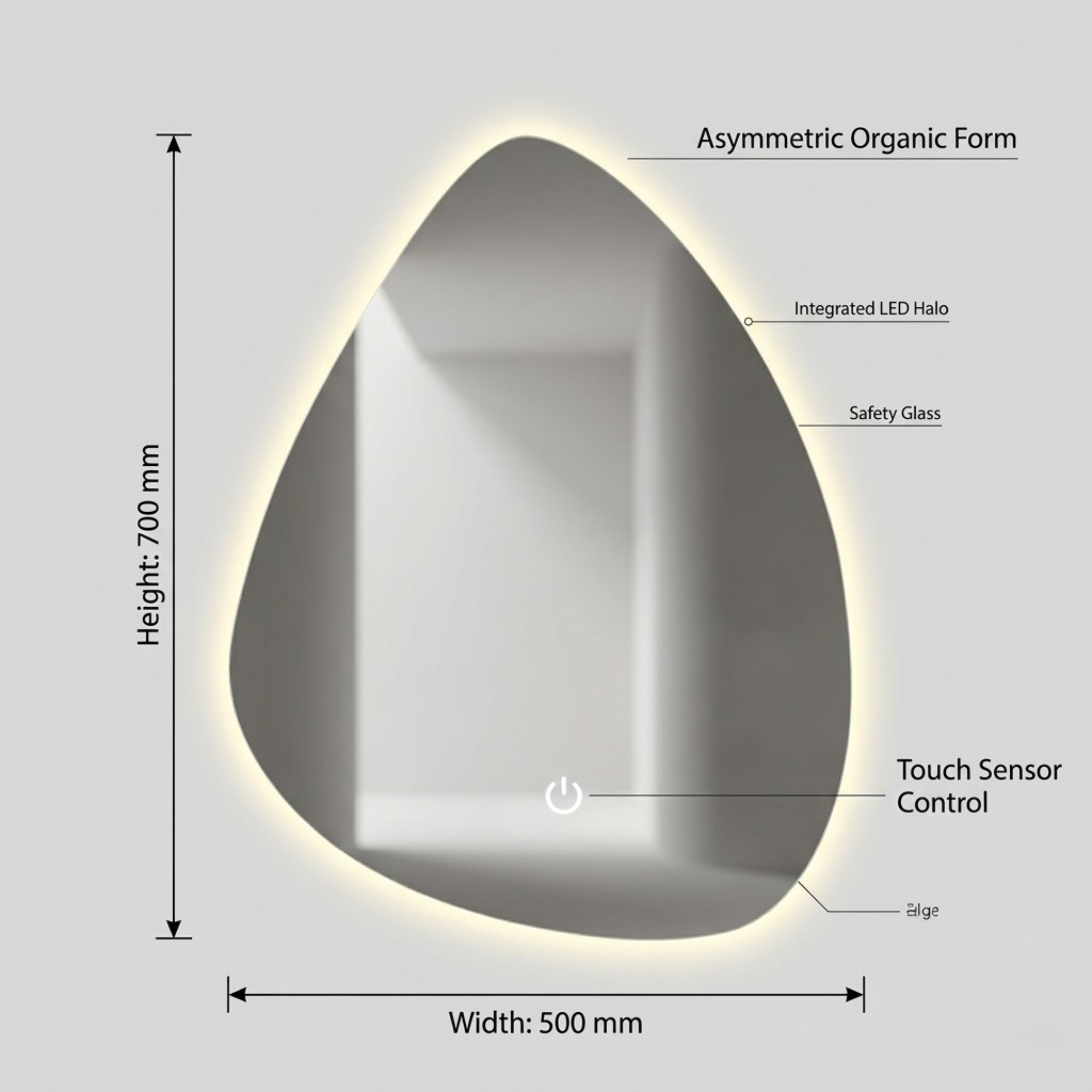 Arko Bathroom Teardrop LED Mirror with Lights 500x700mm - Wall Mounted Vanity Mirror -Bathroom mirror Illuminated LED mirror