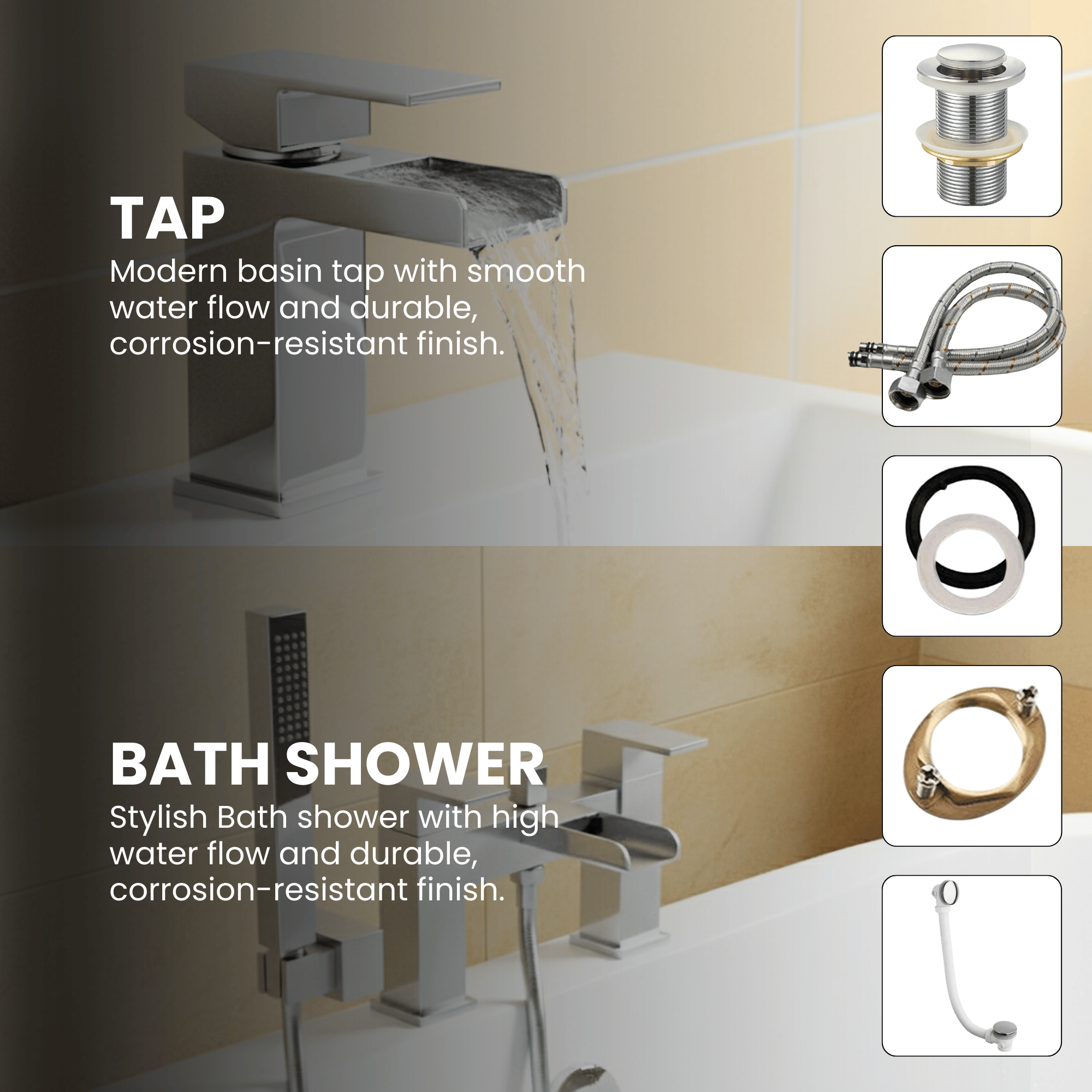 Arko Waterfall Basin Mixer Tap & Bath Shower Set with Bath Waste – Chrome