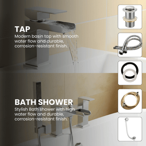 Arko Waterfall Basin Mixer Tap & Bath Shower Set with Bath Waste – Chrome