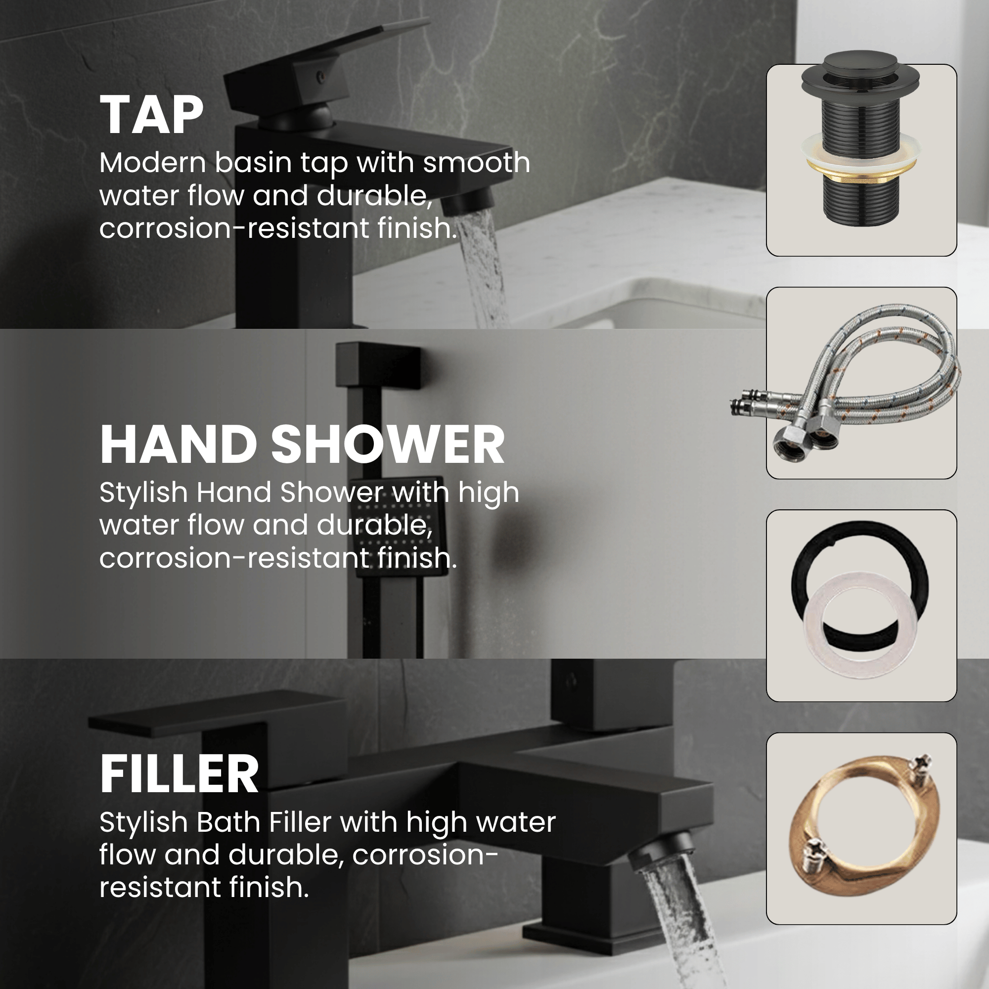ARKO Verda Bath Filler & Hand Shower Set – Black
