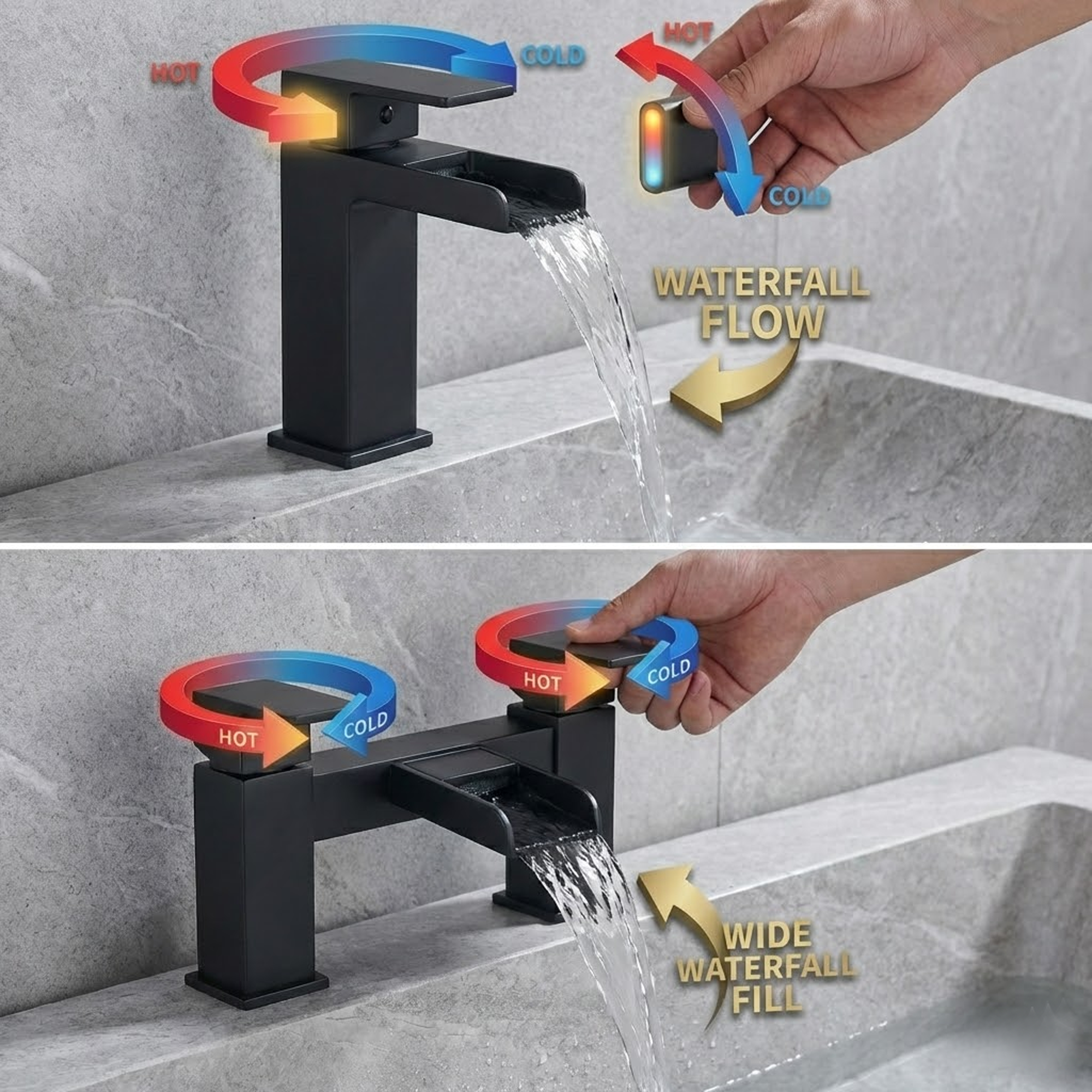 ARKO Waterfall Bath Filler & Mixer Shower Set – Black