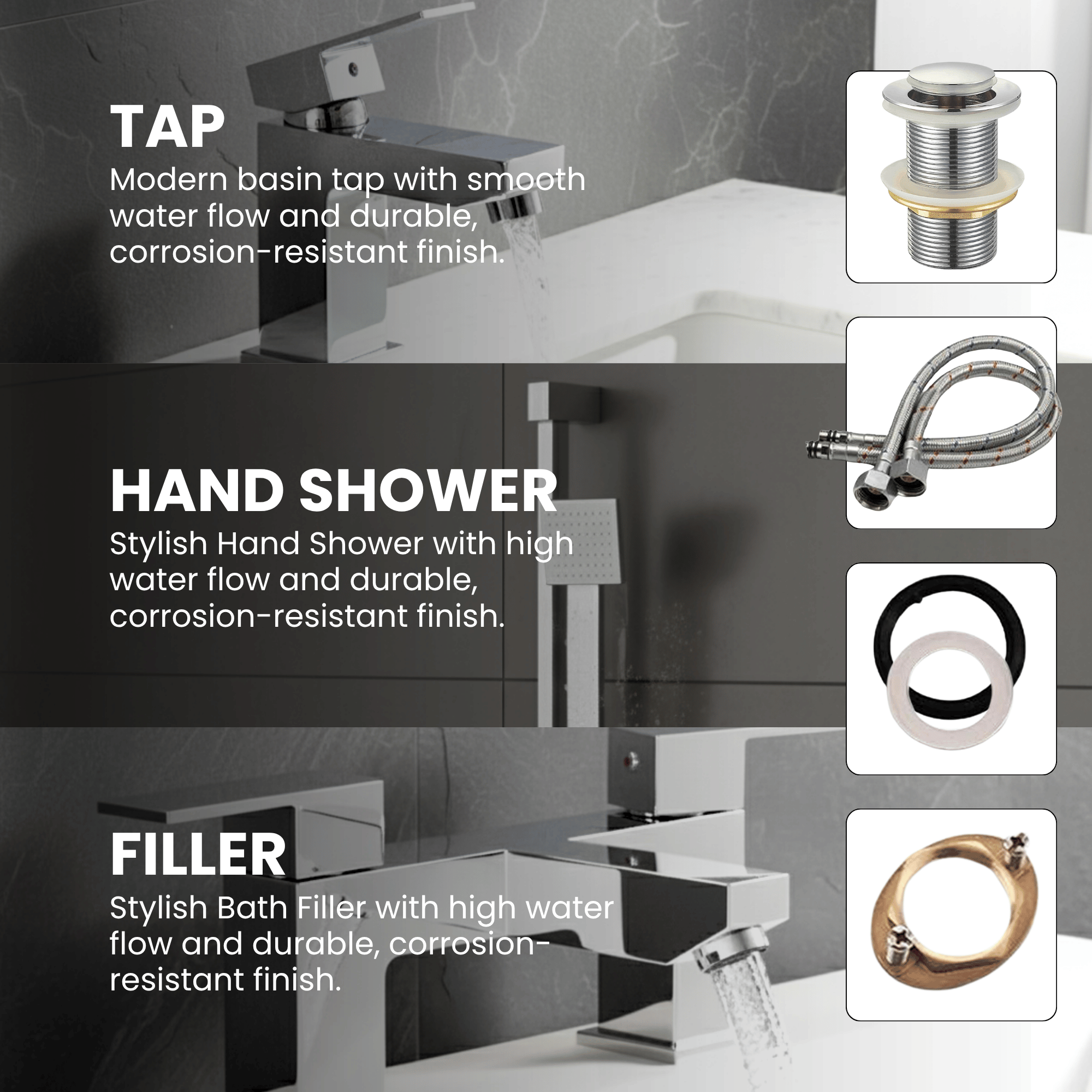 ARKO Verda Bath Filler & Hand Shower Set – Chrome