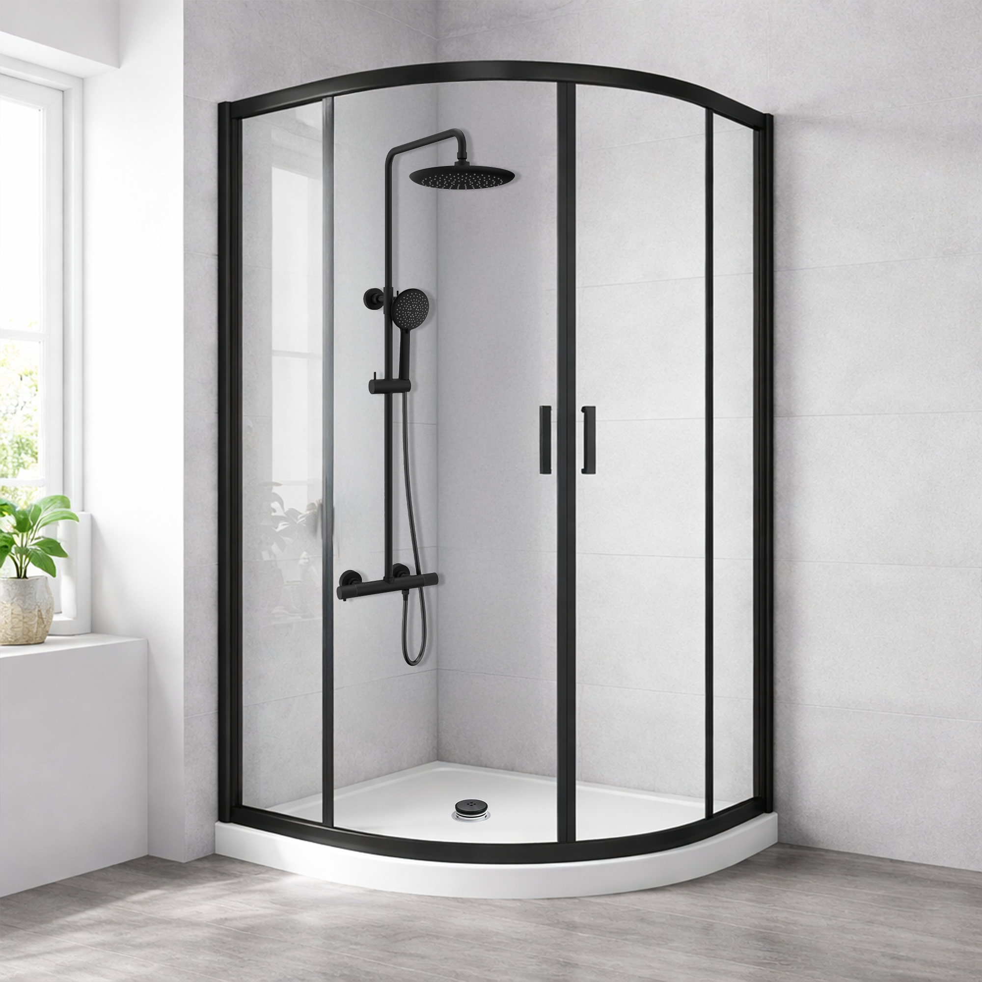 ARKO Round Rainfall Shower System with Handheld Spray & Curved Glass Sliding Shower Enclosure with Waste  - Matte Black