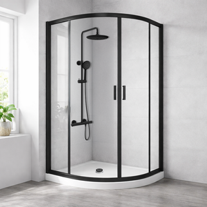 ARKO Round Rainfall Shower System with Handheld Spray & Curved Glass Sliding Shower Enclosure with Waste  - Matte Black