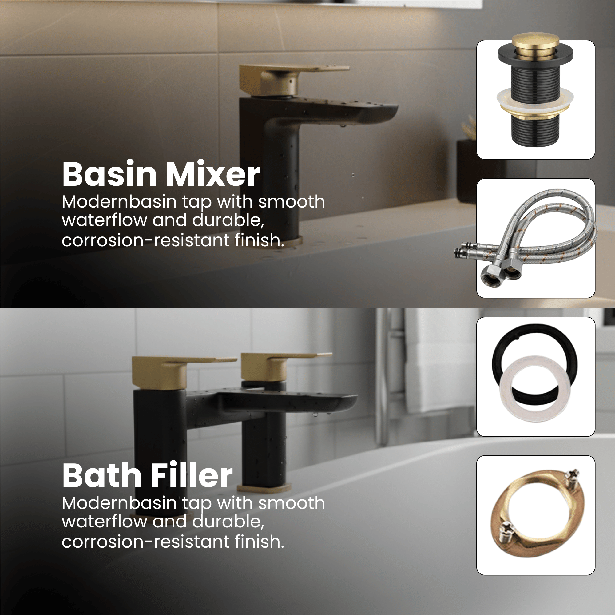 ARKO Bath and Basin Tap Set Waterfall Mixer Taps with Pop-Up Waste – Black & Brass