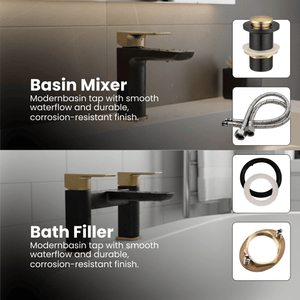 ARKO Bath and Basin Tap Set Waterfall Mixer Taps with Pop-Up Waste – Black & Brass