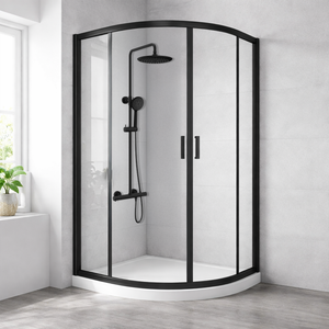 ARKO Round Rainfall Shower System with Handheld Spray & Curved Glass Sliding Shower Enclosure with Tray  - Matte Black