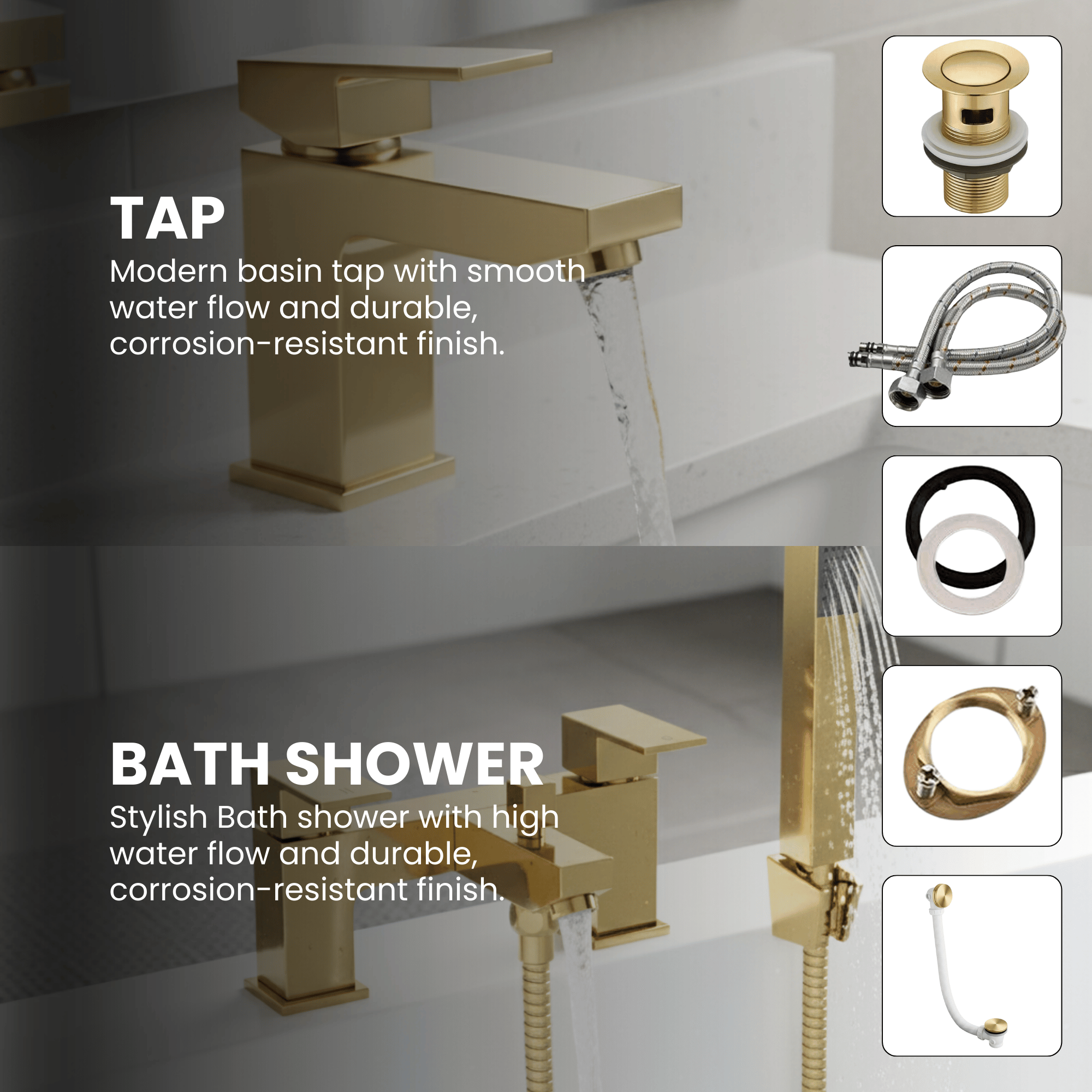 Arko Verda Basin Mixer Tap & Bath Shower Set with Bath Waste – Brass