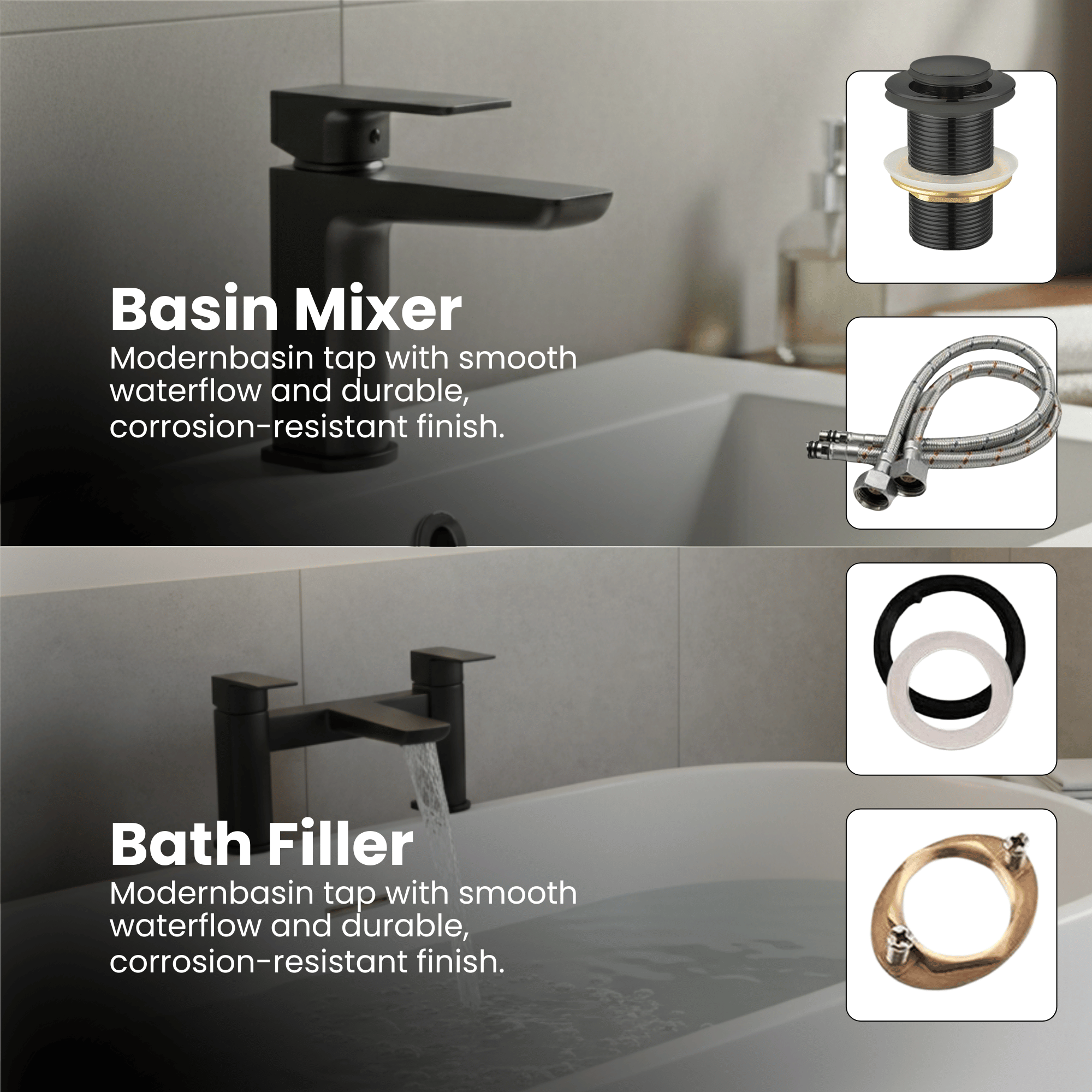 ARKO Bath and Basin Tap Set Waterfall Mixer Taps with Pop-Up Waste – Black