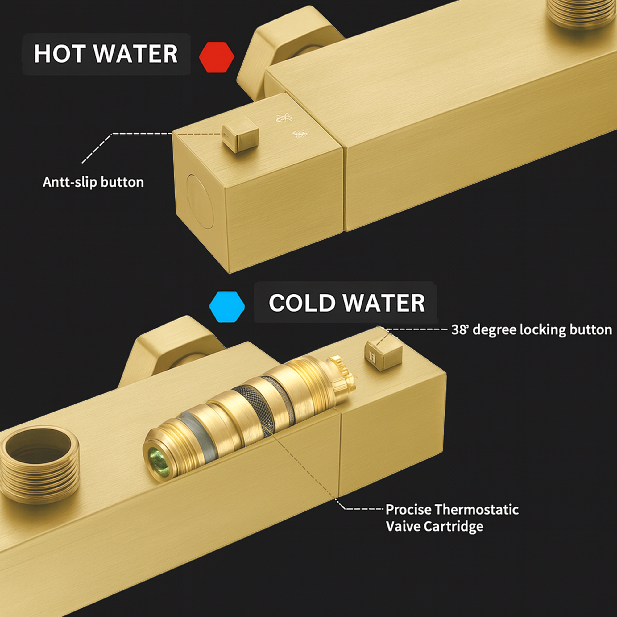 Arko Thermostatic Shower Mixer with Adjustable Riser Kit Exposed Square Shower – Brass