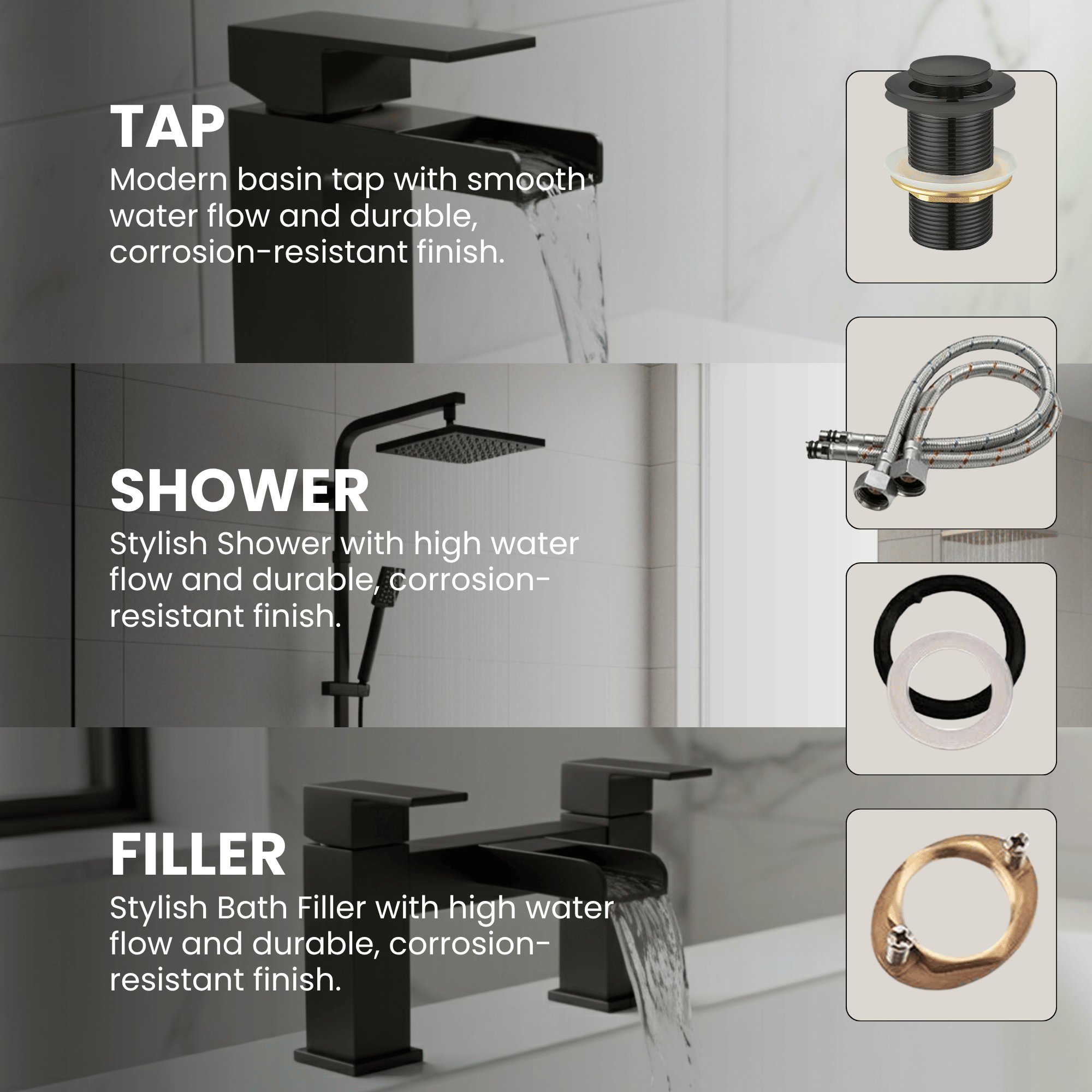 ARKO Waterfall Bath Filler & Mixer Shower Set – Black