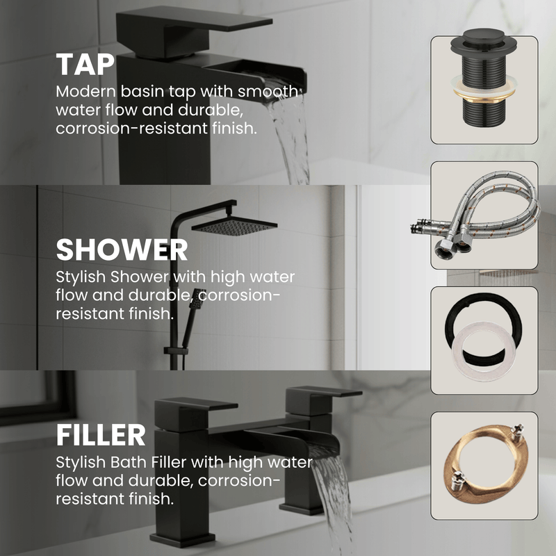 ARKO Waterfall Bath Filler & Mixer Shower Set – Black