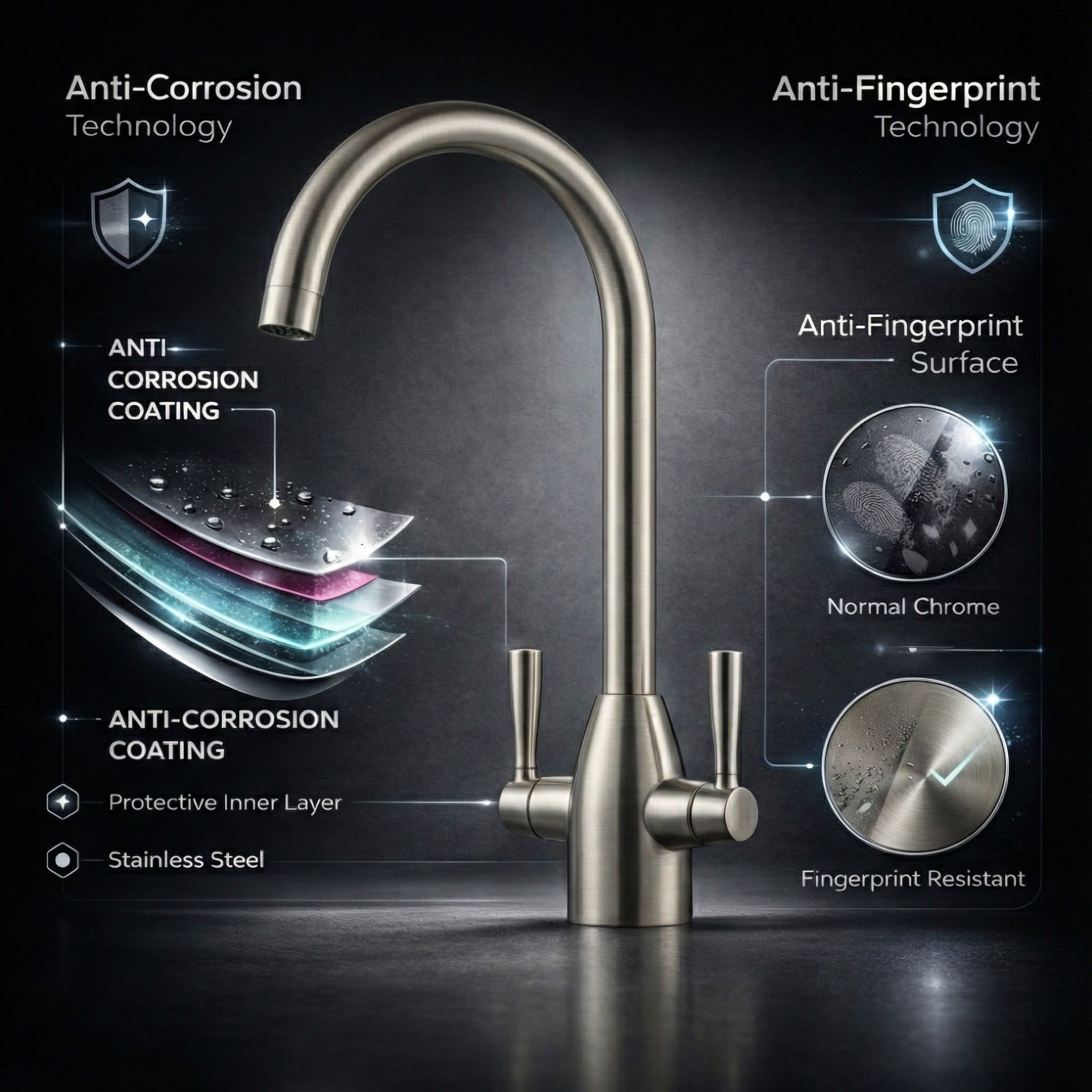 Arko Marlo Mono Mixer Kitchen Tap with Dual Lever & Swivel Spout - Brushed Nickel