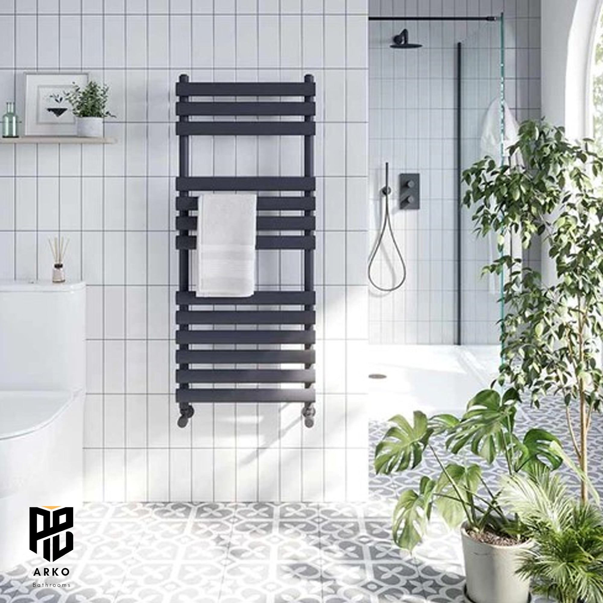 Arko Heated Towel Rail – Matt Black – 500 x 1200mm – Straight Bars