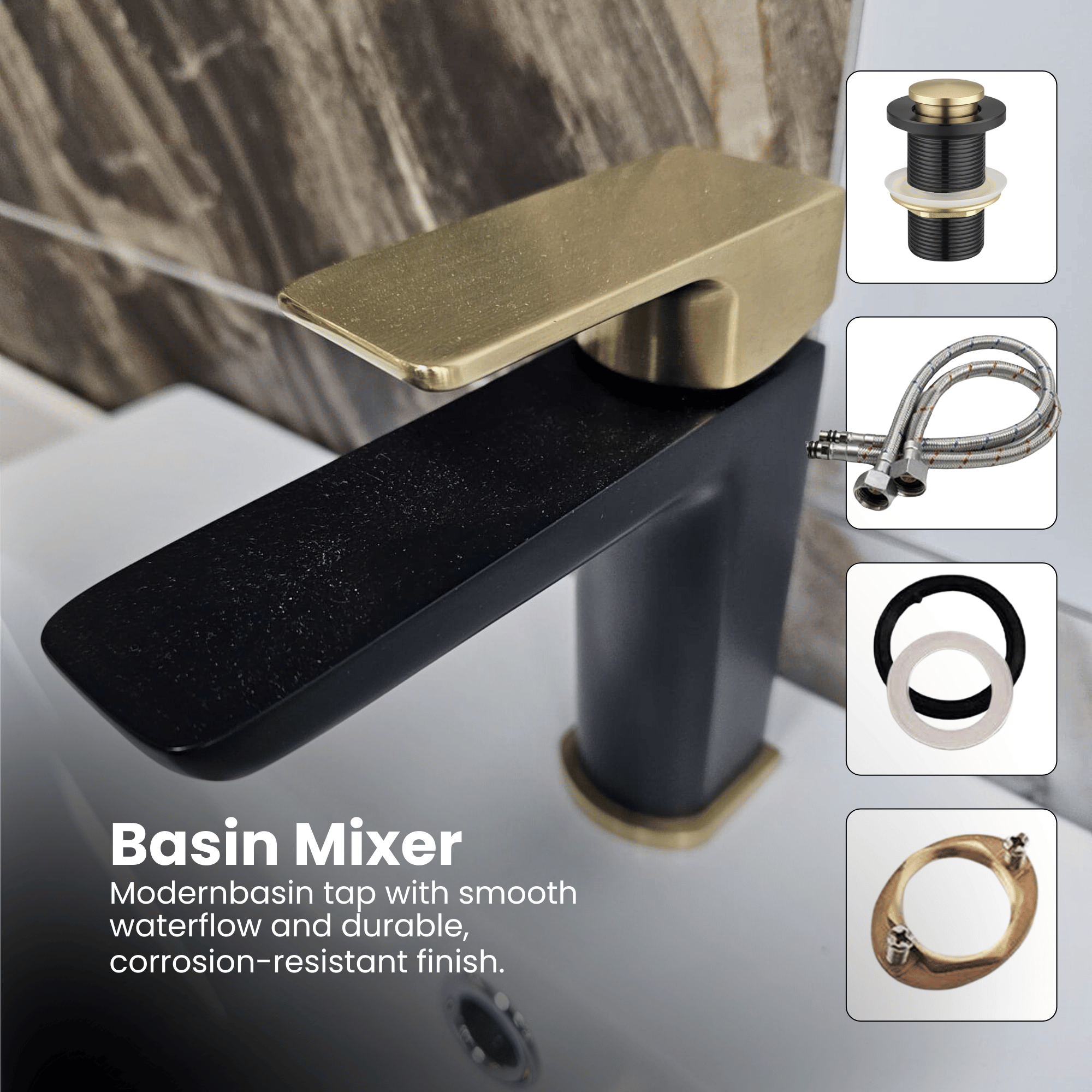 ARKO Square Basin Mixer Tap, Black&Brass – Stylish Bathroom Sink Faucet with Single Lever