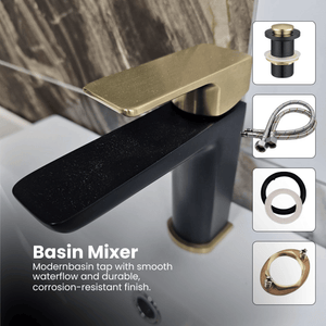 ARKO Square Basin Mixer Tap, Black&Brass – Stylish Bathroom Sink Faucet with Single Lever