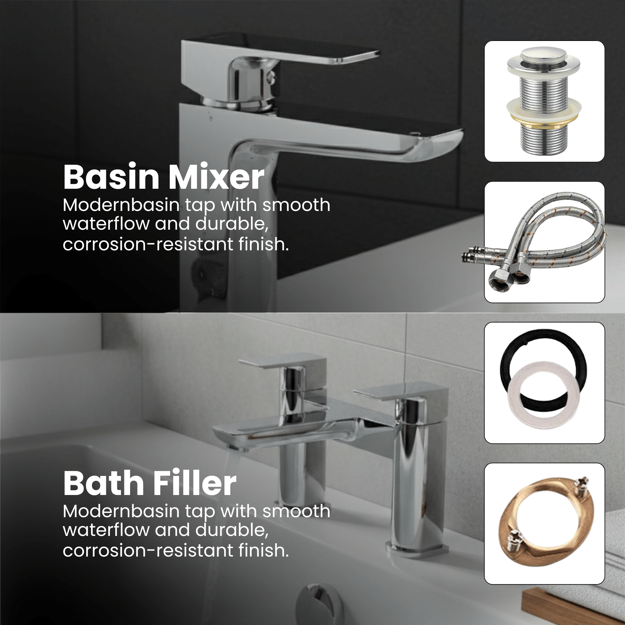 ARKO Bath and Basin Tap Set Waterfall Mixer Taps with Pop-Up Waste – Chrome