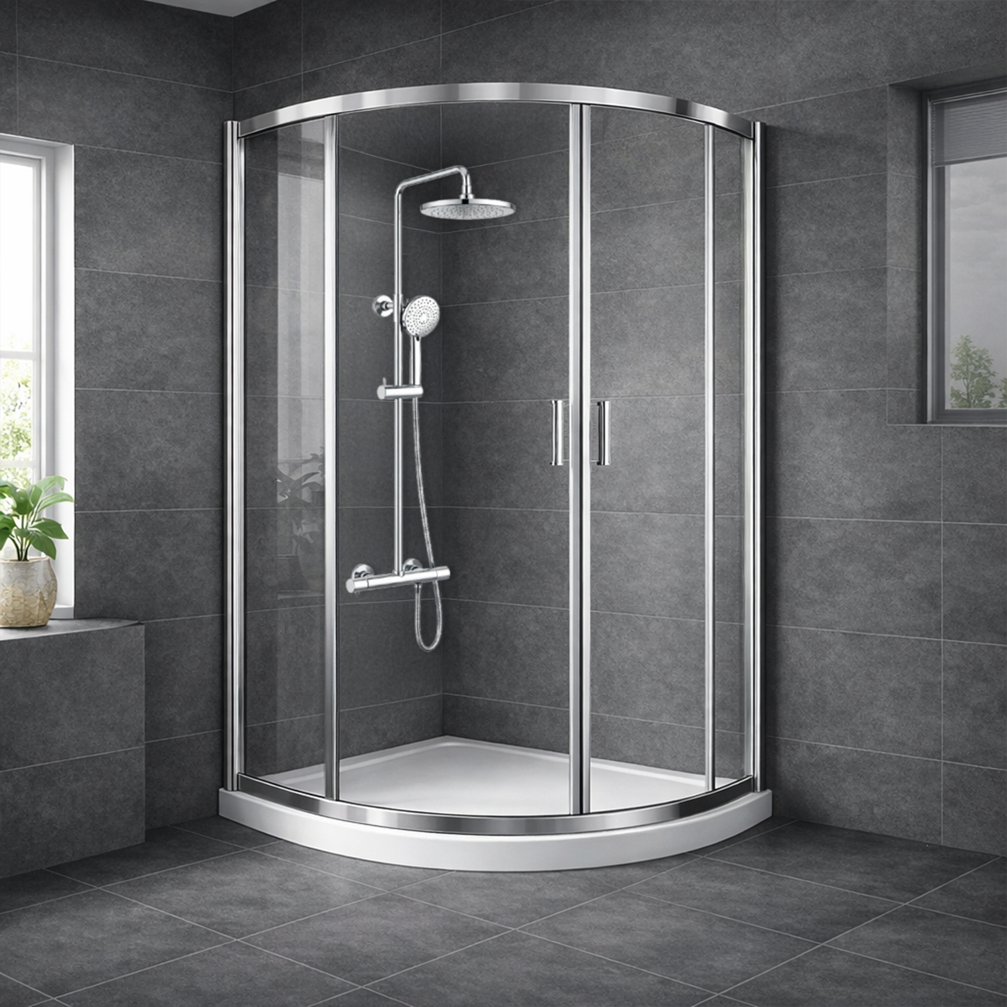 ARKO Round Rainfall Shower System with Handheld Spray & Curved Glass Sliding Shower Enclosure - Chrome