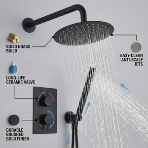 Black Round Concealed Thermostatic Shower Pack with Head + Handset