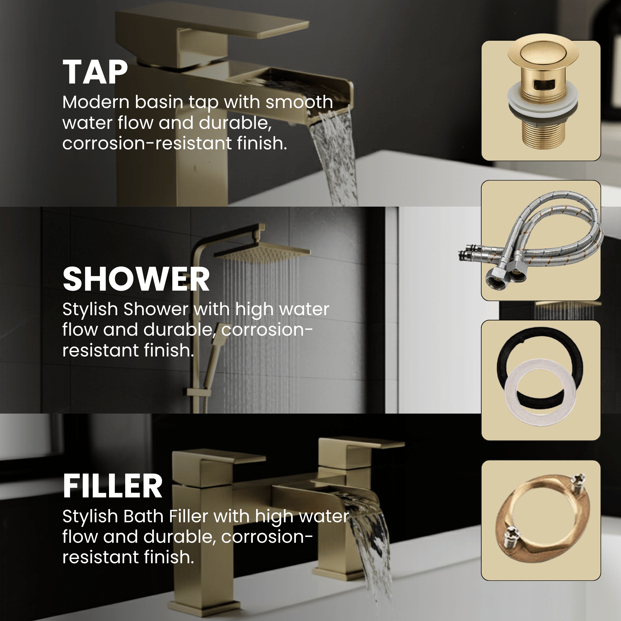 ARKO Waterfall Bath Filler & Mixer Shower Set – Brass