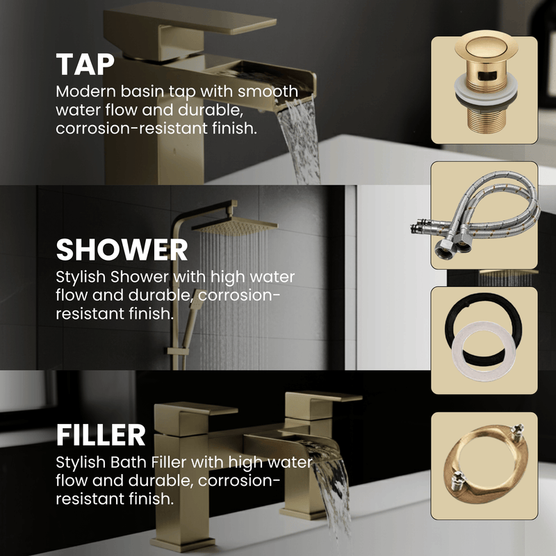 ARKO Waterfall Bath Filler & Mixer Shower Set – Brass