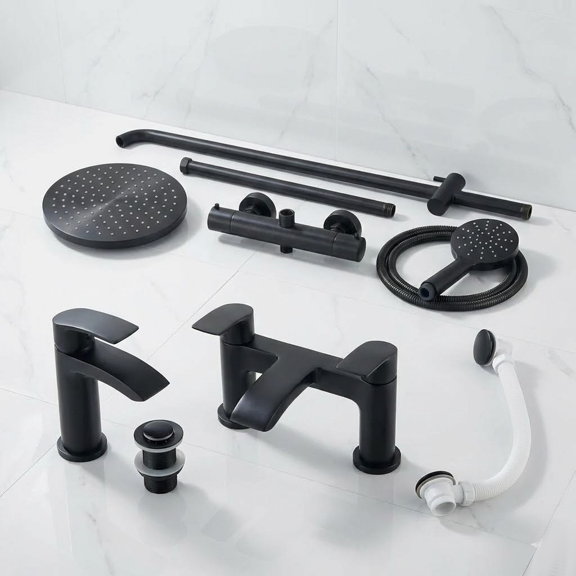 ARKO Capri Basin Mixer Tap, Bath Filler & Thermostatic Mixer Shower Set with Bath Waste – Black