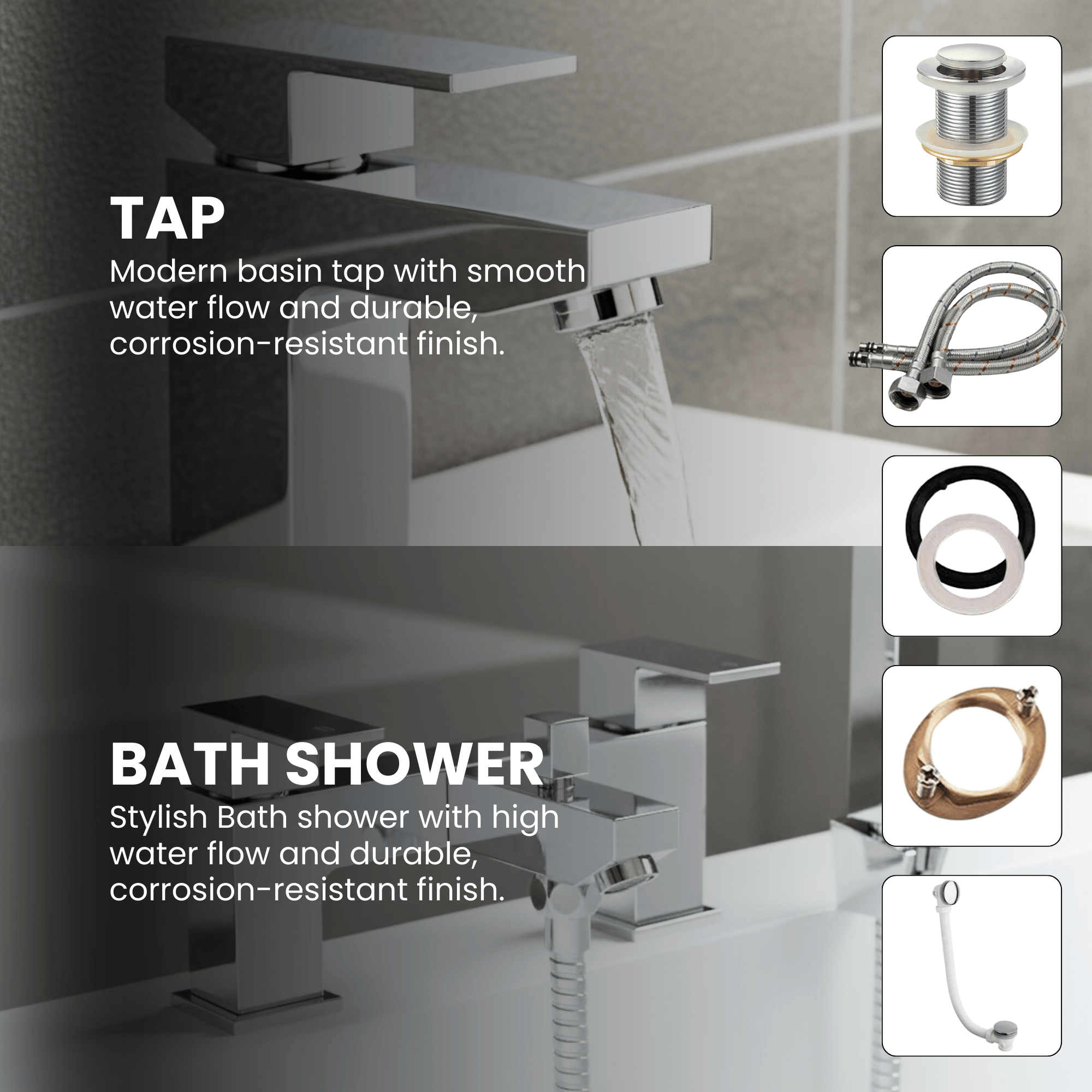 Arko Verda Basin Mixer Tap & Bath Shower Set with Bath Waste – Chrome
