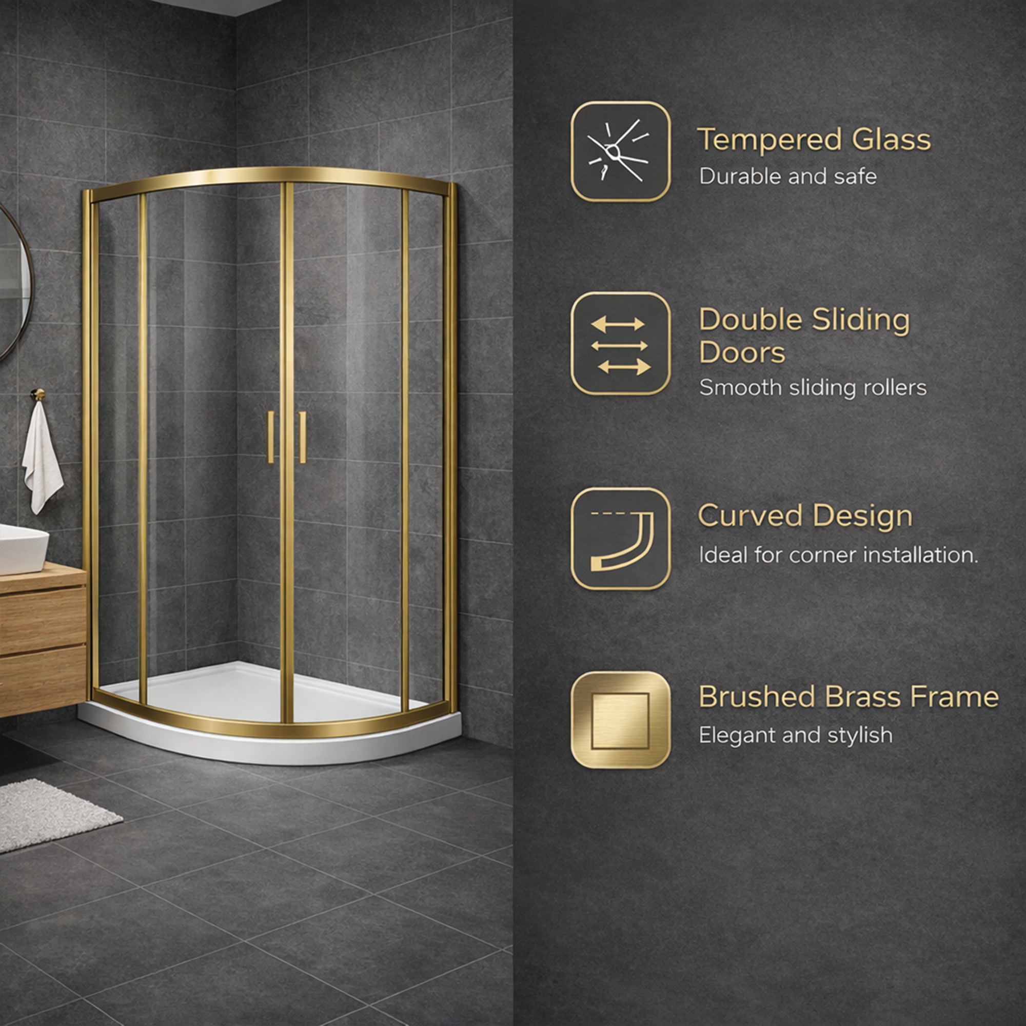 ARKO Square Rainfall Shower System with Handheld Spray & Curved Glass Sliding Shower Enclosure - Brass