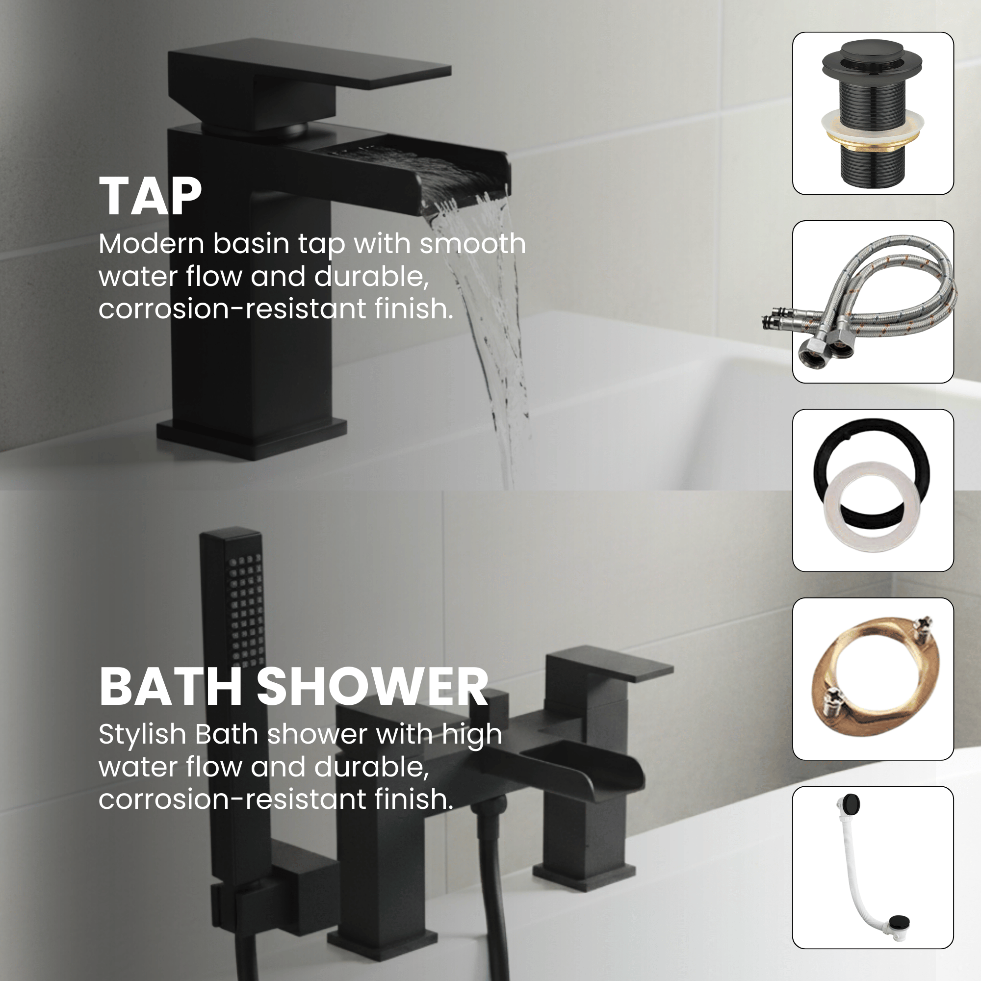 Arko Waterfall Basin Mixer Tap & Bath Shower Set with Bath Waste – Black