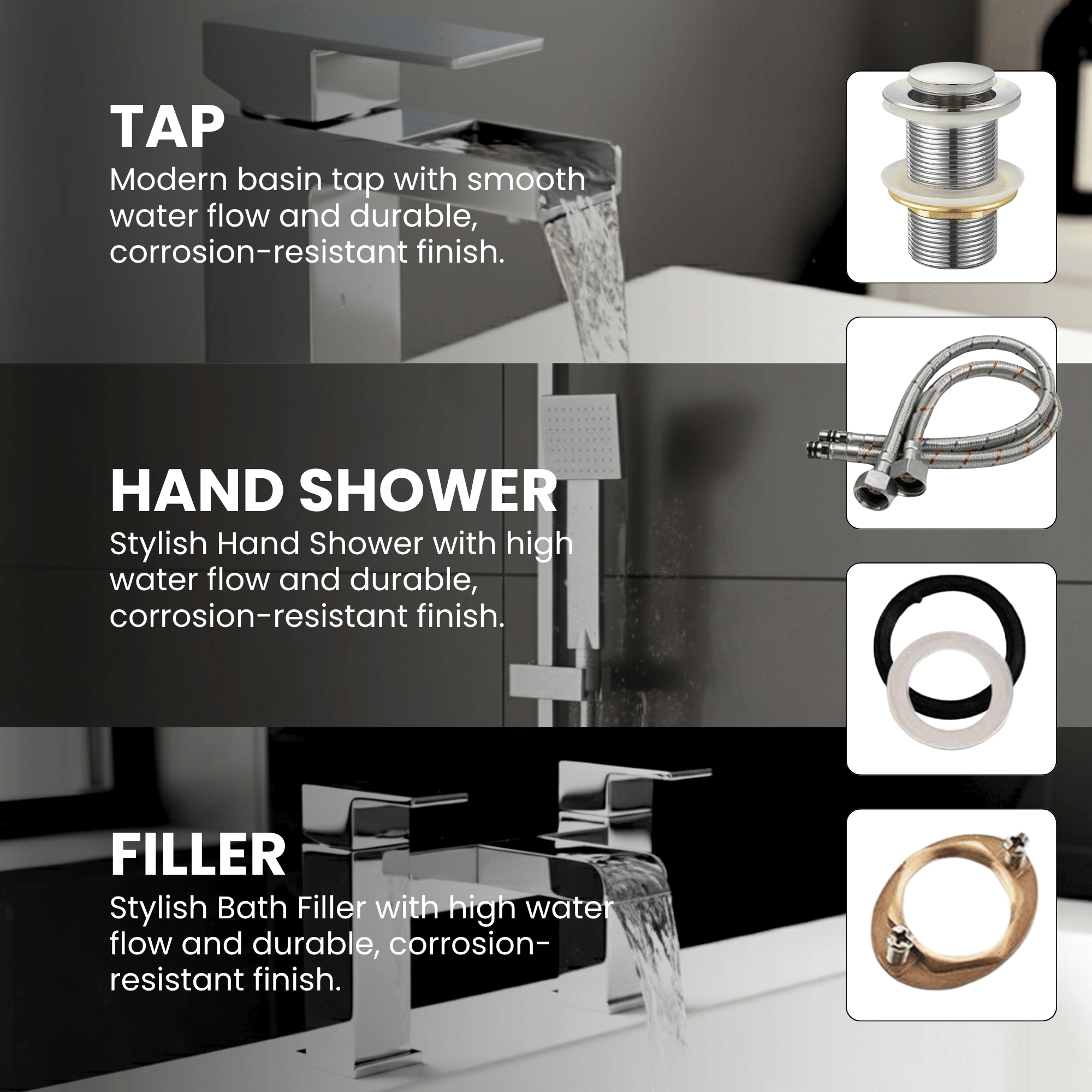 ARKO Waterfall Bath Filler & Hand Shower Set – Chrome