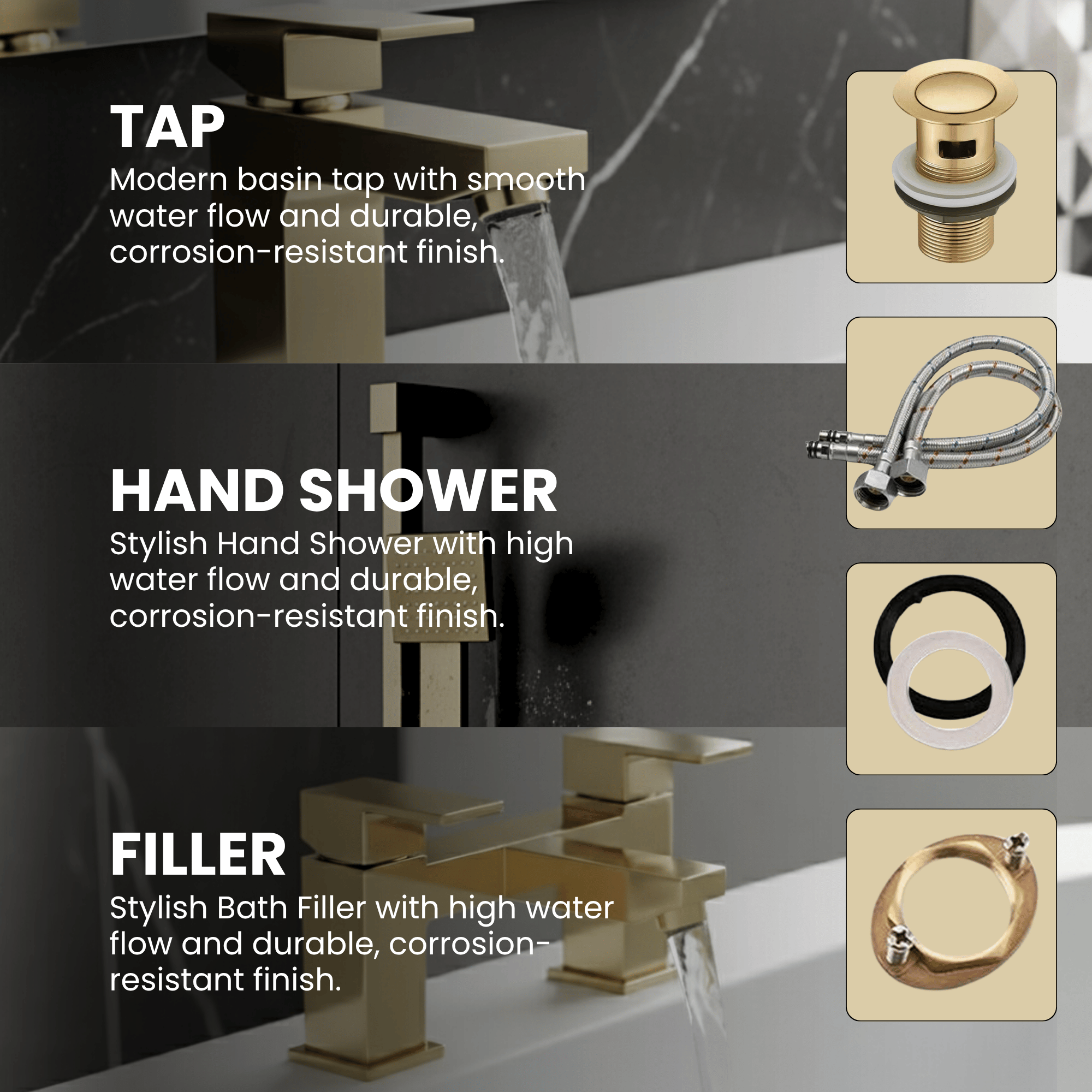 ARKO Verda Bath Filler & Hand Shower Set – Brass