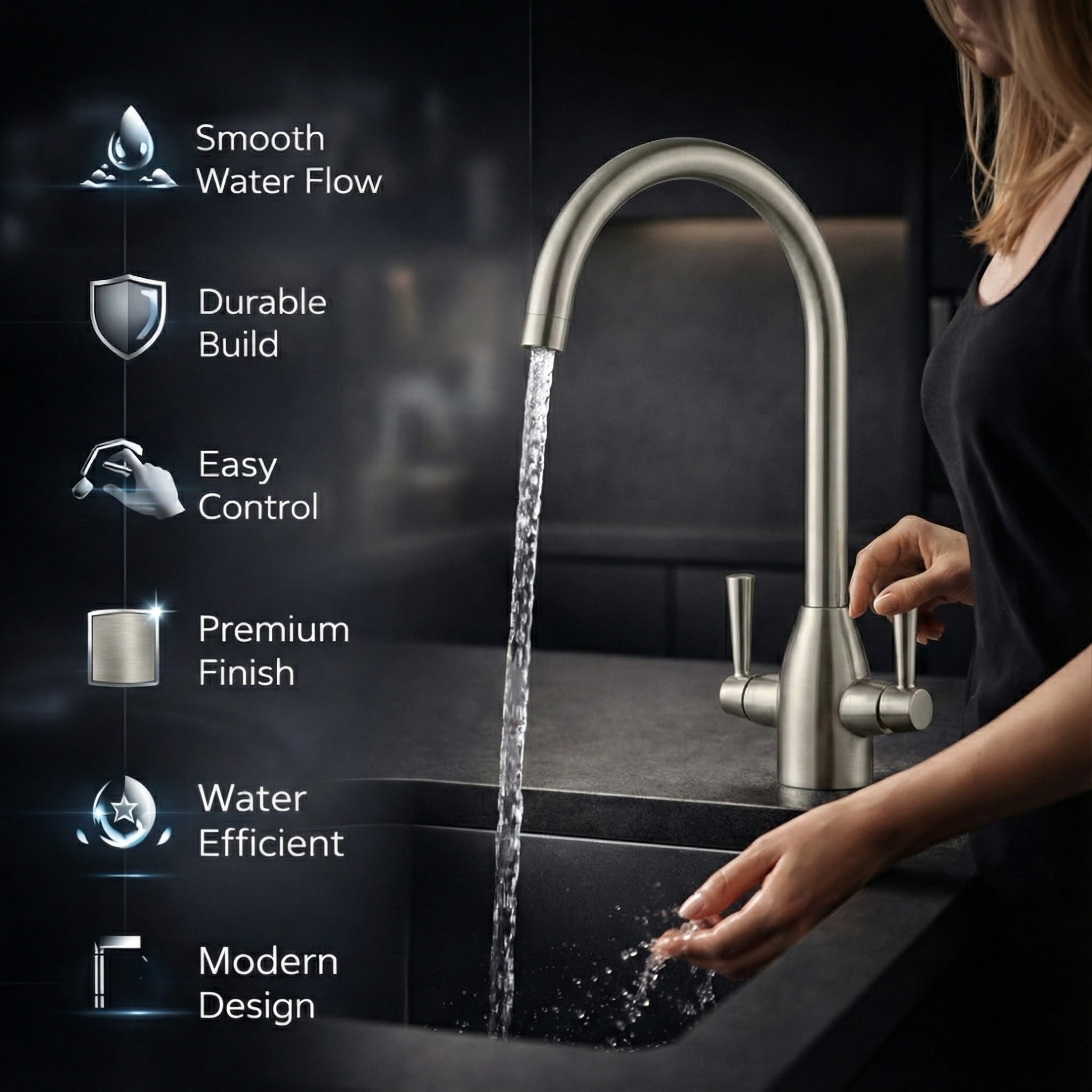 Arko Marlo Mono Mixer Kitchen Tap with Dual Lever & Swivel Spout - Brushed Nickel