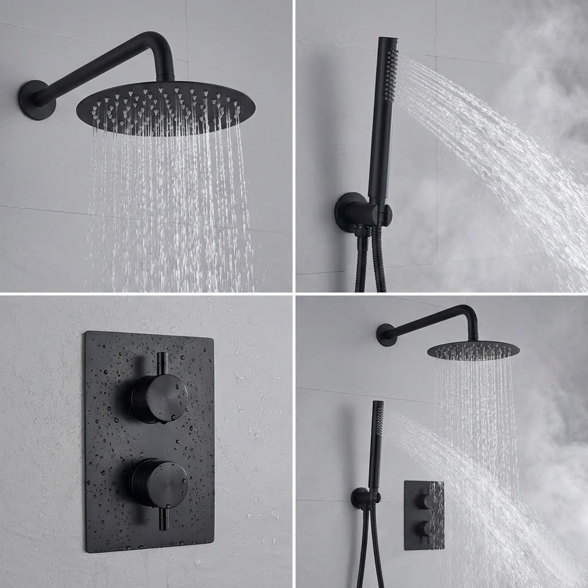 Black Round Concealed Thermostatic Shower Pack with Head + Handset