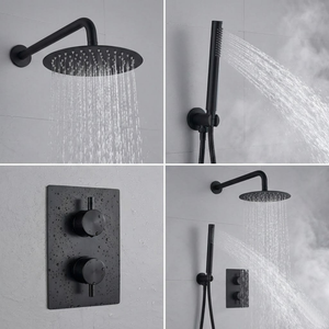 Black Round Concealed Thermostatic Shower Pack with Head + Handset