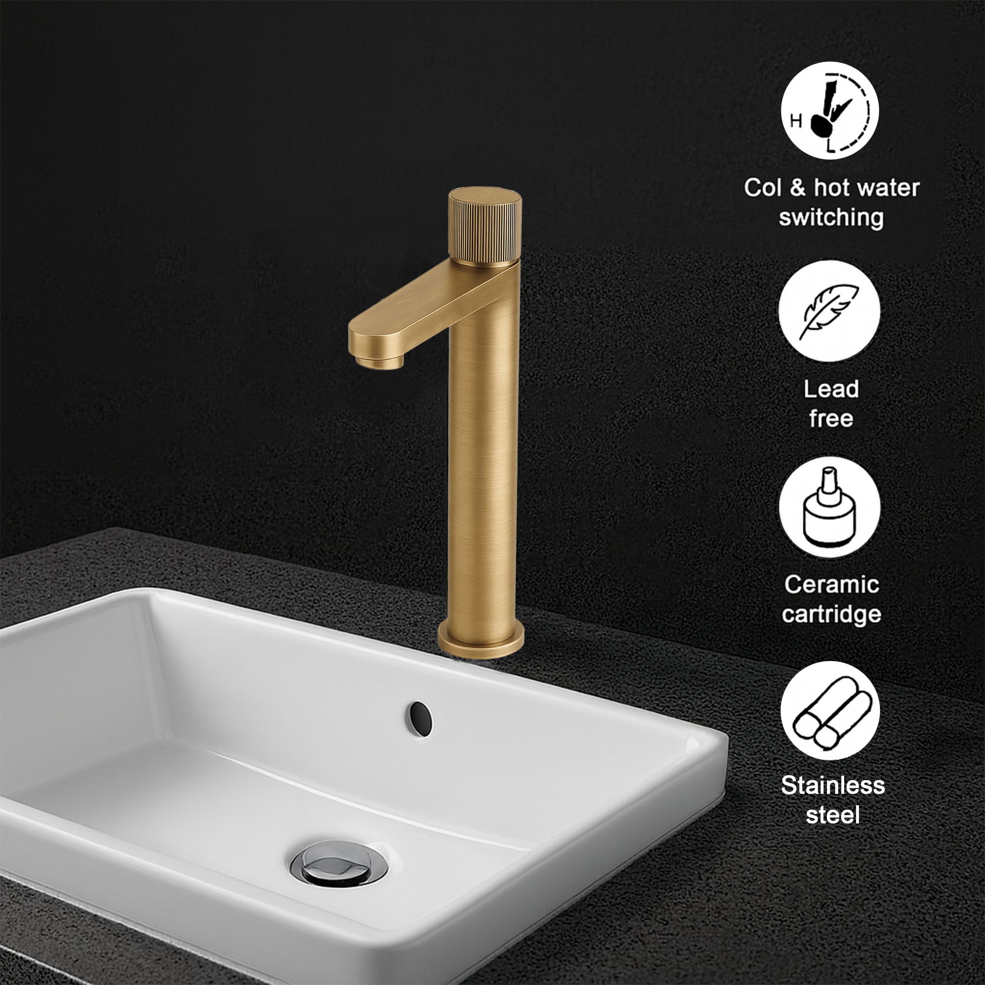Round Tall Basin Mixer Tap, Flute Handle - Solid Brass