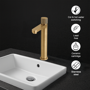Round Tall Basin Mixer Tap, Flute Handle - Solid Brass