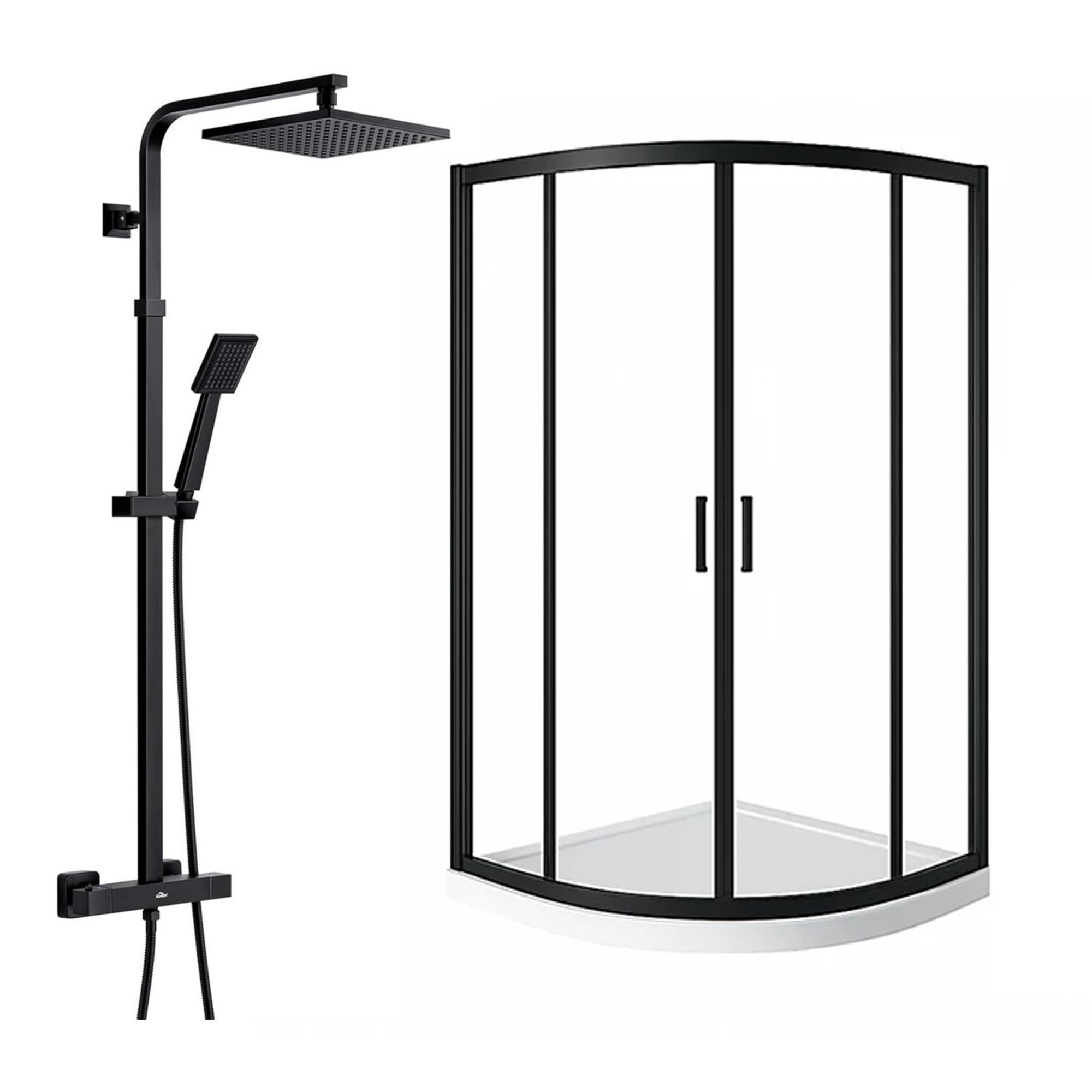 ARKO Square Rainfall Shower System with Handheld Spray & Curved Glass Sliding Shower Enclosure with Tray  - Matte Black