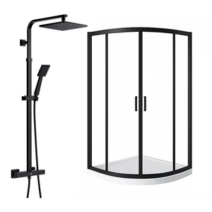 ARKO Square Rainfall Shower System with Handheld Spray & Curved Glass Sliding Shower Enclosure with Tray  - Matte Black
